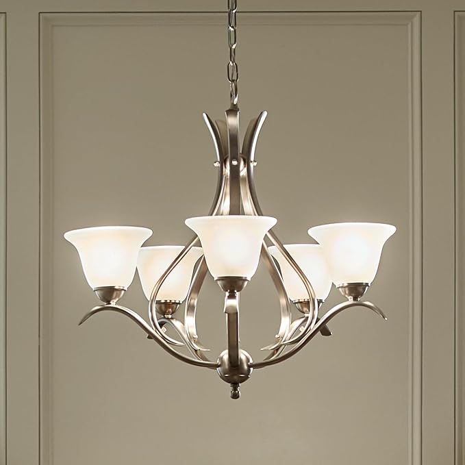 Kichler Dover 23" Chandelier in Brushed Nickel, 5-Light Classic Foyer or Dining Room Chandelier with Etched Seeded Glass, (23" H x 24" W), 2020NI