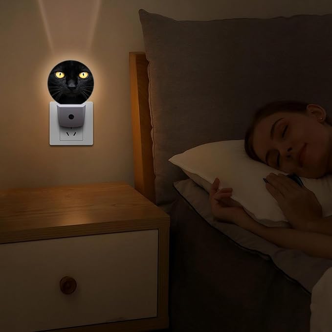 Round LED Night Light,Black White Cat Face Close Up Crop LED Night Light Plug into Wall with Dusk to Dawn Light Sensor White Energy Efficient Nightlight for Bedroom Hallway Living Room Kitchen