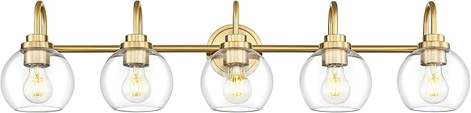 Bathroom Light Fixtures, 5-Light Brushed Gold Vanity Lights with Globe Clear Glass, 35 Inch Champagne Bronze Vanity Lighting Fixtures Over Mirror, AD-22280-5W-GD