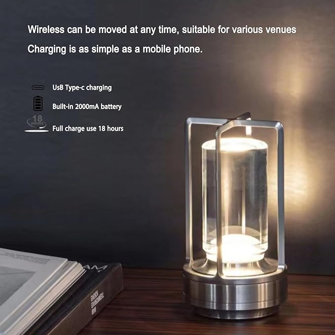 Cordless Bedside Table lamp Rechargeable Portable Touch,2000MA Battery Operated Lamps LED Night Light,3Color Stepless Dimming Crystal Lantern Suitable bedrooms,Bars,cafes,Camping,Silvery