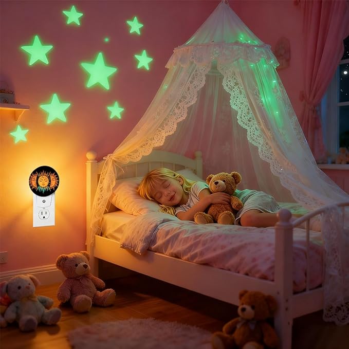 Plug-in Mystical Celestial Suns Art Night Light Sun Faces with Moon and Stars Nightlight with Dusk to Dawn Sensor, Auto On/Off 0.5W Energy-Saving LED Lighting Sleep Friendly