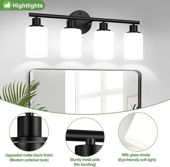 4-Light Bathroom Light Fixtures, Black Modern Vanity Lights with Milky White Frosted Glass Shades, Bathroom Wall Lamp for Mirror Kitchen Living Room