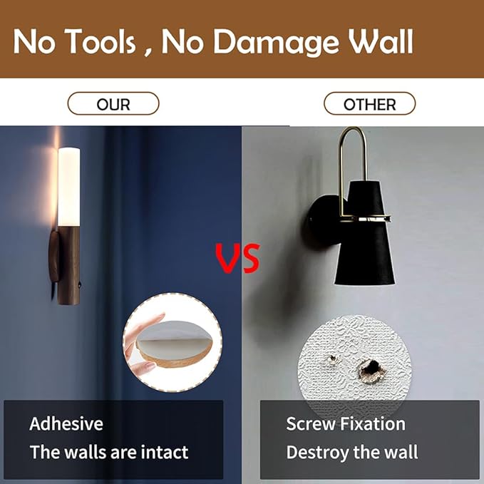 LANDGOO Wooden Motion Sensor Night Lights, Magnet Body Hallway Lamp, Rechargeable LED Wall Sconces, Portable for Stairway Bedroom, Battery Powered (White Ash Wood 2PC)