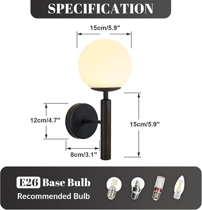 KCO Lighting Modern Wall Sconce Golden Mid Century Industrial Matte Globe Glass Wall Light for Bedroom Vanity Light (Black)