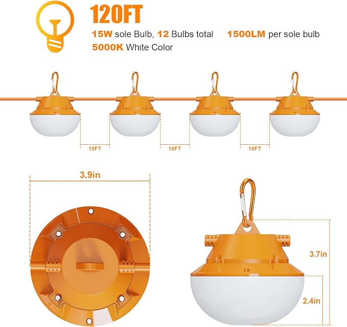 120FT Construction String Lights 180W String Work Light for Construction Jobsites, 18000Lumen Temporary Construction Work Lighting for Wide Application