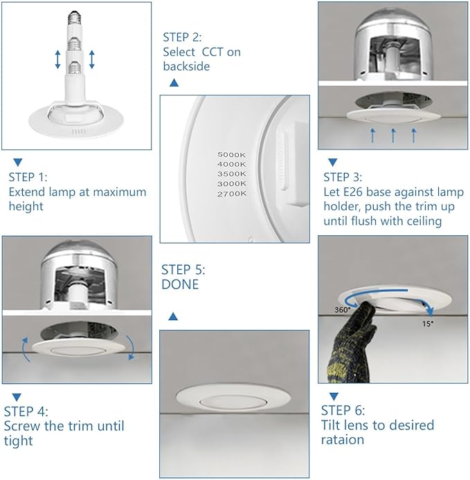 Jolux 6-Pack 5/6 Inch 5CCT LED Can Light Gimbal Retrofit Recessed Downlight, Adjustable Angle, Recessed Lighting CCT Selectable 2700K/3000K/3500K/4000K/5000K,12W=60W,800LM, Dimmable, E26 Base…