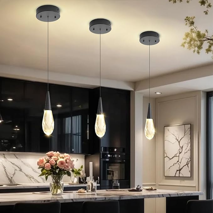Pendant Light Kitchen Islan 1-Light Black Small Chandelier Modern Crystal Pendant Light Fixture for Dining Room, Living Room,Bedroom, Foyer