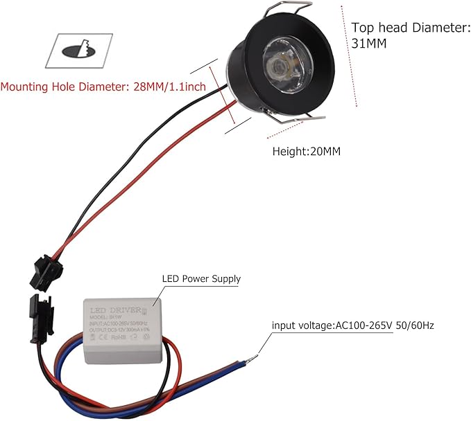 2Pack 1W Mini Spotlights Indoor 1inch Recessed Showcase Display Under-Cabinet LED Lights Fixture with AC 110V/220V to 3-12V Power Supply LED Driver 3000K Warm-White Lighting Black-Shell