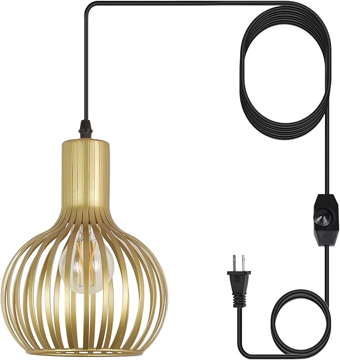 DLLT Plug in Pendant Light Fixtures, Adjustable Gold Pendant Lighting Over Sink, Farmhouse Metal Pendant Lights Kitchen Island, Vintage Brass Hanging Light for Living Room, Dining Room, Bedroom, E26