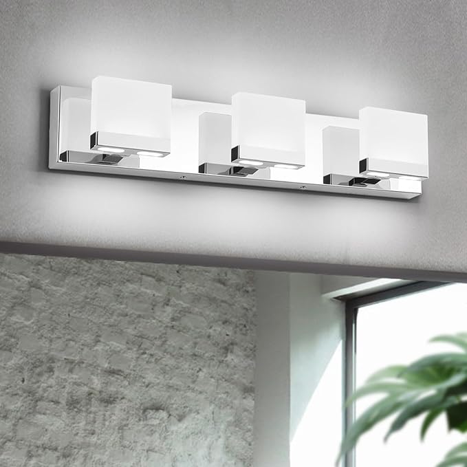 SineRise LED Modern Bathroom Vanity Light Fixtures (3-Light, 24-Inch, 6000K), Chrome Modern Acrylic Bathroom Wall Lighting Fixtures Over Mirror