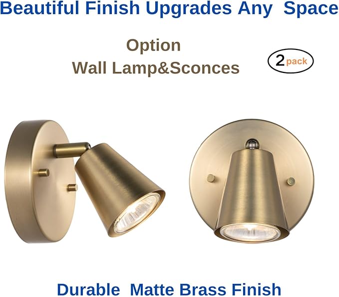 1-Light Track Light Modern Ceiling Spotlights with Matte Brass,2 Packs Adjustable Wall Mount Directional Spot Lights for Bedroom Living Room Hallway Kitchen