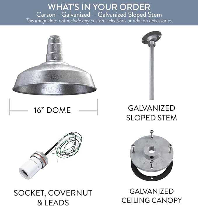 Steel Lighting Co. Carson Barn Light | Ceiling Mounted Pendant | 16 inch Dome | 12 inch Sloped Stem | Industrial Style Steel Light Made in America | Galvanized Exterior/Galvanized Interior