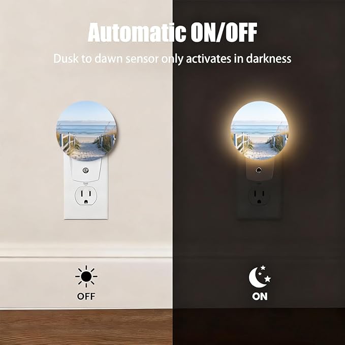 Plug-in Beach Night Light Wooden Fencing Sandy Path Night Lights Plug into Wall with Auto on/Off Sensor, 0.5W LED Nightlight for Bedroom Bathroom Kitchen Hallway