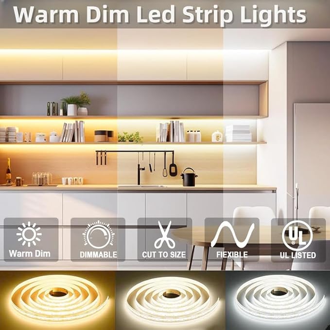 Warm Dim COB LED Tape Light – 3000K to 1800K Dim-to-Warm, Dot-Free Strip, UL Listed, Flexible LED Strip Light for Ambient & Accent Lighting 4.4w/ft 8Ft Pack
