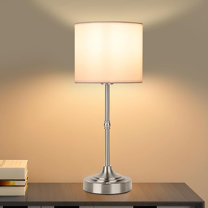Cordless LED Table Lamp,Portables Fabric Shade Desk Lamps, Rechargeable Battery Powered Lighting, Dimmable Light for Dining Room, Bedroom, Bedside, Night Light, Balcony (Silver)