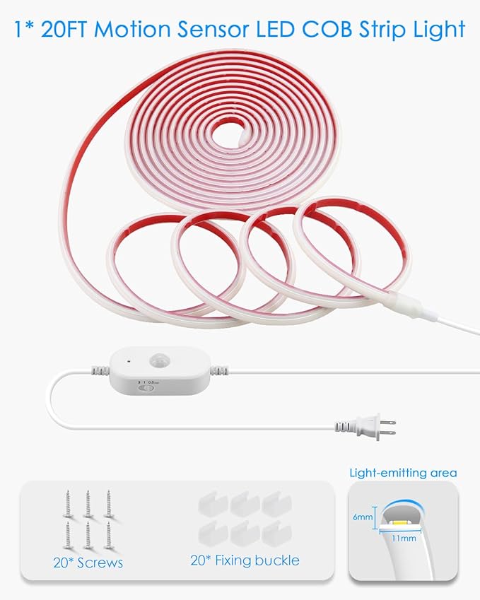 Waterproof Motion Sensor COB LED Light Strip 20FT Cold White 6000K AC 110V 288LEDs/M Super Bright Time-Delay Adjustable Flexible Plug In Motion Activated Led Strip Light for Cabinet Under Bedroom