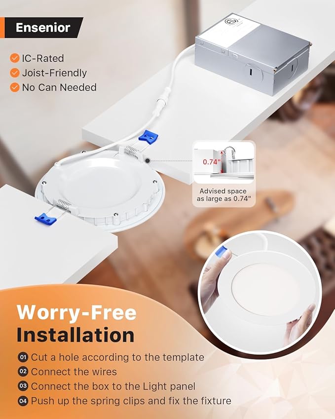 Ensenior 16 Pack 6 Inch LED Recessed Ceiling Light, 3500K Neutral White, 1050LM 12W 120V, High Brightness Canless Wafer Downlight Dimmable - ETL&FCC&IC