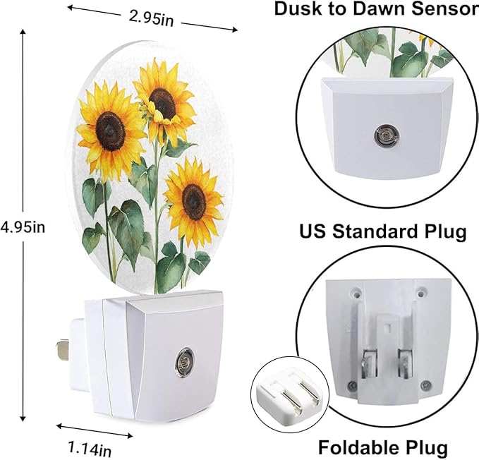 Plug-in Watercolor Sunflower Bouquet Night Light Yellow Blooms Floral Night Lights Plug into Wall with Auto on/Off Sensor, 0.5W LED Nightlight for Bedroom Bathroom Kitchen Hallway