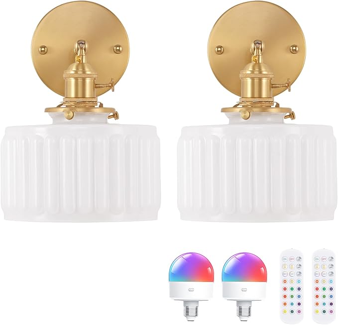 Vintage Battery Operated Wall Sconce with White Striped Glass Lampshade 5000 mAh Rechargeable Battery Powered Wall Light with Remote Control for Bedside Bedroom Doorway, Set of 2