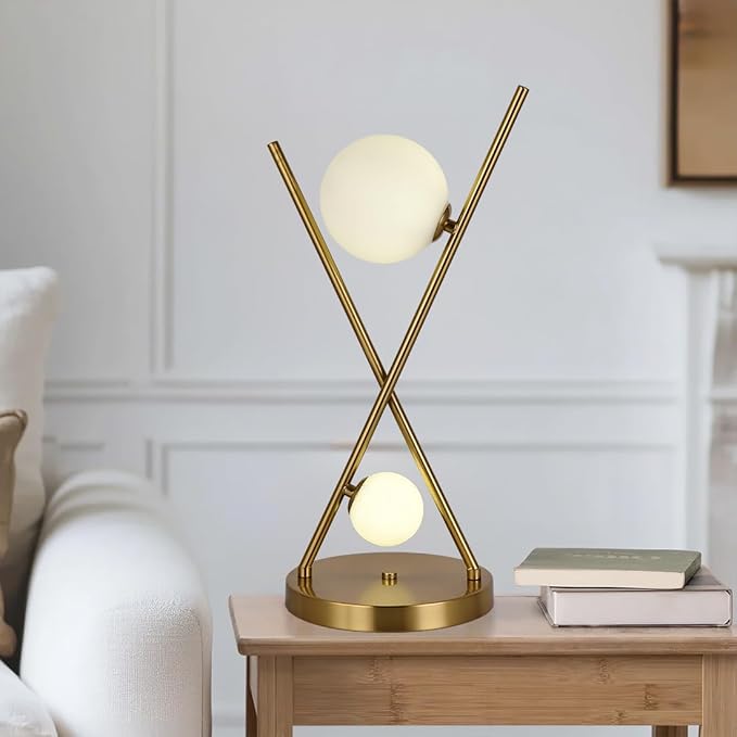 Gold X-Shaped Table Lamp Modern 2 Lights Globe Glass Desk Lamp Mid Century Metal Beside Lamp for Bedroom Living Room Study Office Corner