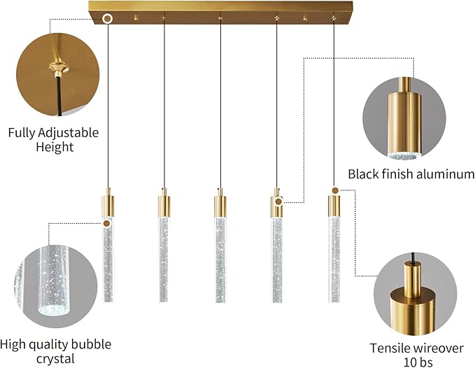 Kitchen Island Lighting Modern Light Fixture Gold Pendant Light Dimmable LED Brass Finish Mini Crystal Pendant Lights for Dining Room Living Room（5-Light）