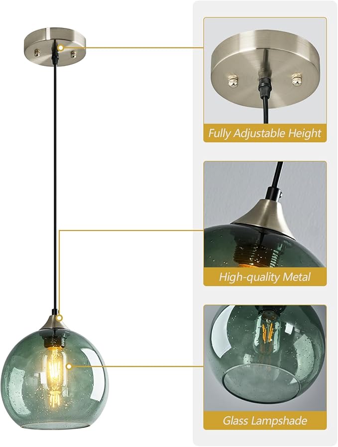 Gray Green Glass Pendant Lights Kitchen Island Lighting Globe Pendant Light Fixtures Modern Pendant Lighting for Kitchen Island Bedroom Living Dining Room Light Fixture(7.87in, 1-Pack)