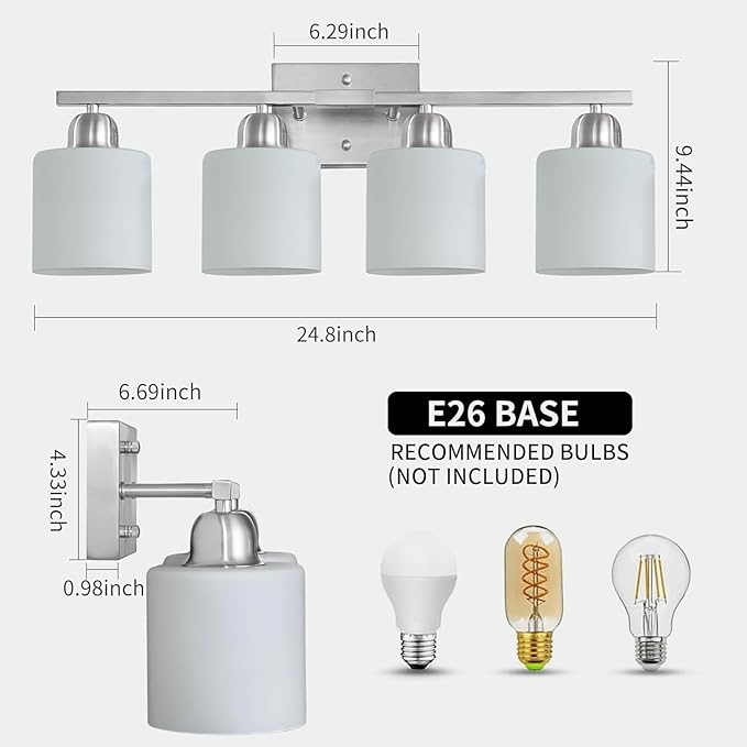 4 Light Bathroom Light Fixtures, Brushed Nickel Vanity Lights for Bathroom with Milky White Frosted Glass Shade, Wall Lights for Mirror Bedroom Living Room E26 Base