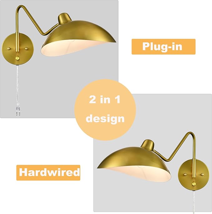 Plug-in Wall Sconce Gold Swing Arm Wall Sconce Brass Wall Lamp with on/Off Switch for Bedroom Set of 2
