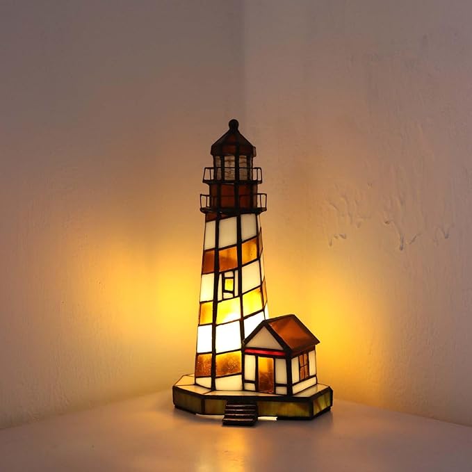 Bieye L10616 Lighthouse Tiffany Style Stained Glass Accent Table Lamp Night Light for Home Decoration (6x5x11, Amber)