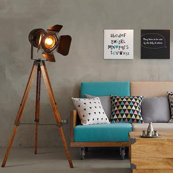 SUNLLOK Vintage Black Wood Tripod Floor Lamp for Living Room, Modern Industrial Metal Nautical Cinema e26 Standing Corner Searchlight - Rustic Reading Adjustable Desk Table Light for Bedroom Office