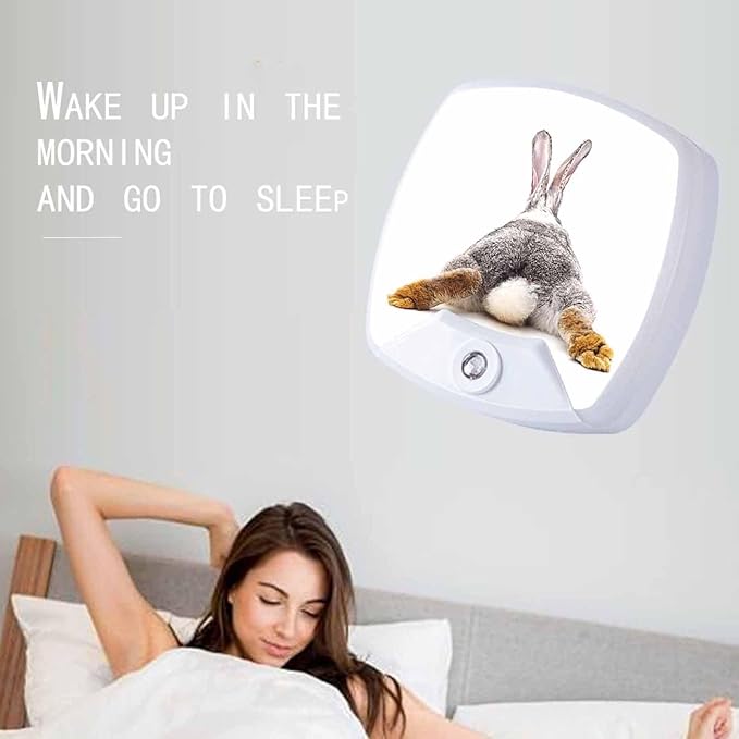 LED Square Night Light,Easter Grey Hare Rabbit Bunny Tail LED Night Light Plug into Wall with Dusk to Dawn Light Sensor White Energy Efficient Nightlight for Bedroom Hallway LivingRoom Kitchen