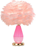 Pink Feather Lamp with Cracked Ice Glass Bottle & Gold Base, Dual Light 3 Color Modes Separate Control Bedside Office Lamp (Pink)