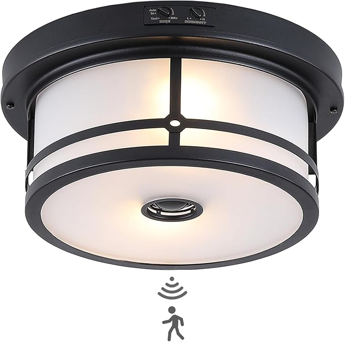 Outdoor Flush Mount Motion Sensor Ceiling Light,2-Light Industrial Porch Lights Ceiling Mount Black Finsh with Clear Frosted Glass for Front Porch, Garage, Patio, Entryway, Farmhouse