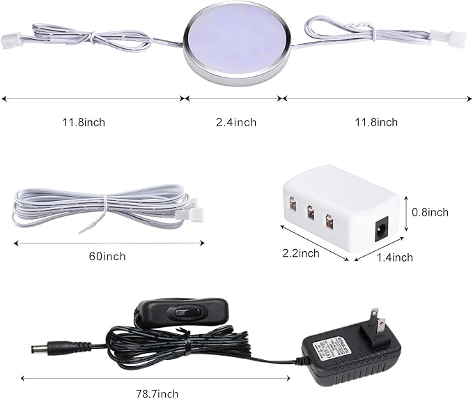 LED Under Cabinet Lighting Kit,6 Pack Linkable Puck Lights with Touch Dimmer,Wired Plug in Under Counter Lighting for Curio Bar, Kitchen, Cupboard,Bookcase,Closet Furniture (6000K Daywhite)