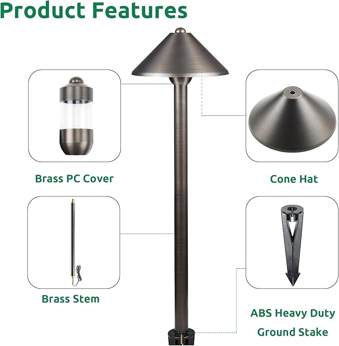 DOSHINE® Solid Brass Low Voltage Landscape Lighting Pathway Lights (7" Shade, 22" Tall) with Replaceable 3W G4 LED Bulb 3000K AC/DC 12V and Ground Stake for Outdoor Walkway Driveway (UMB,6-Pack)