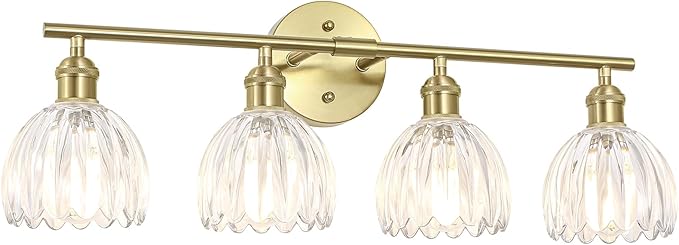 Vintage Bathroom Light Fixtures,4-Light Hardwired Vanity Lights with Clear Tulip Glass Shade,Gold Bathroom Vanity Light for Mirror Restroom,E26 Socket,25.2 in(Bulbs Not Included)