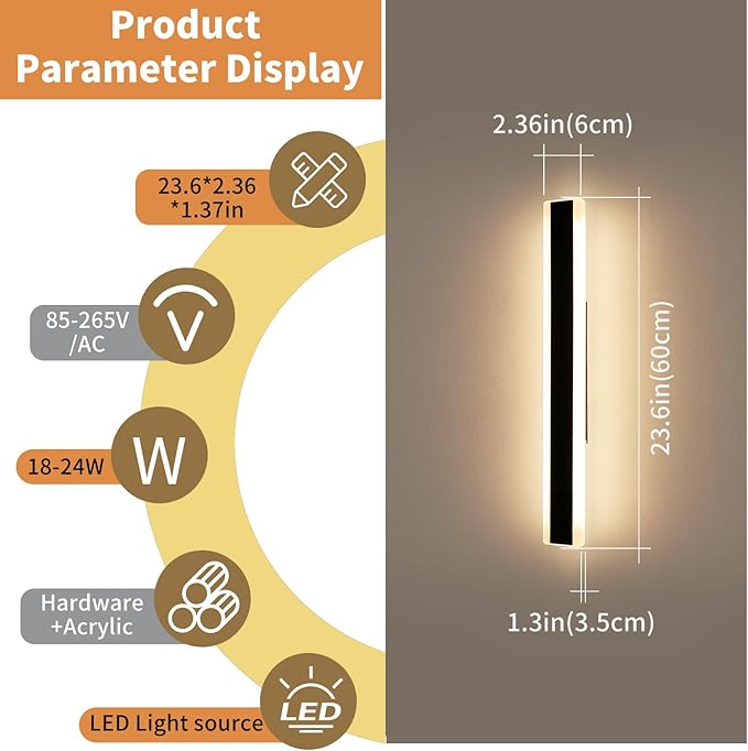 Modern Outside Wall Lights for House, 23.6inch Outdoor Wall Sconces, 3 Lights Color 3000K/4500K/6000K, IP65 Waterproof, Long Wall Lamp Mounted Lighting Fixture for Patio, Yard, Garage