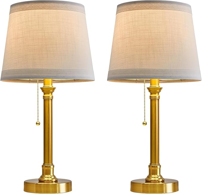 Oneach 19.5” Gold Table Lamps Set of 2, Pull Chain Switch Bedside Table Lamps, Modern Nightstand Lamp with White Linen Shade, Small Brass Lamp for Living Room, Bedroom, Home Office, Nursery