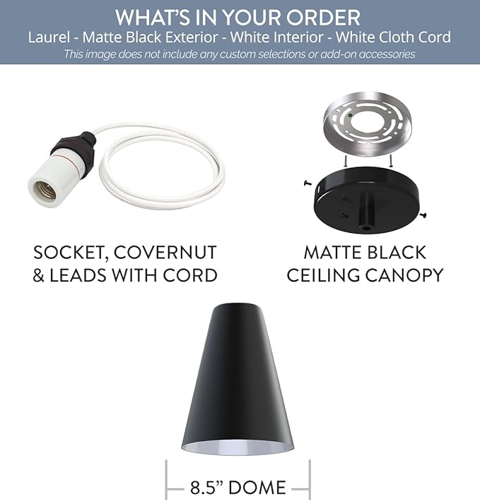 Steel Lighting Co. Laurel Pendant Light | Ceiling Mounted | 8.5 inch Cone Shade | Modern Contemporary Farmhouse Style Made in America | White Cloth Cord | Matte Black Exterior/White Interior