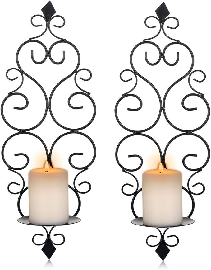 Sziqiqi Iron Wall Candle Sconce Holder Set of 2 Hanging Wall Mounted Pillar Candle Sconces Holder, Wall Sconces Decor for Bedroom Dining Room (Black)