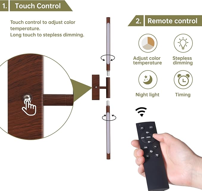 Battery Operated Wall Sconce Set of 2, 8000mAh Rechargeable Wall Sconces, 3000K-6000K Dimmable, 350°Rotate, Indoor Wall Lights for Bedroom Living Room Bathroom, Black Walnut, 23.6 Inch