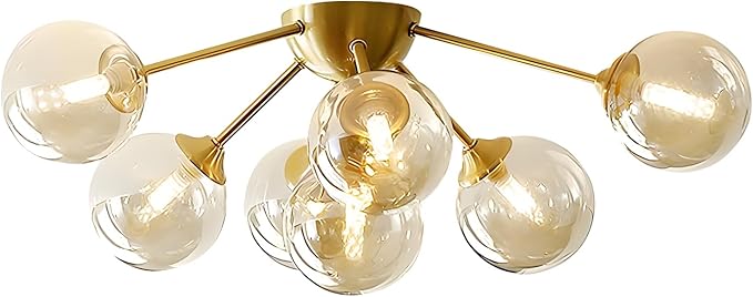 KCO Lighting 7-Lights Mid Century Modern Flush Mount Ceiling Light Overhead Amber Glass Globe Sputnik Chandelier Ceiling Light Fixture Brass Gold Bedroom Living Room Ceiling Lighting