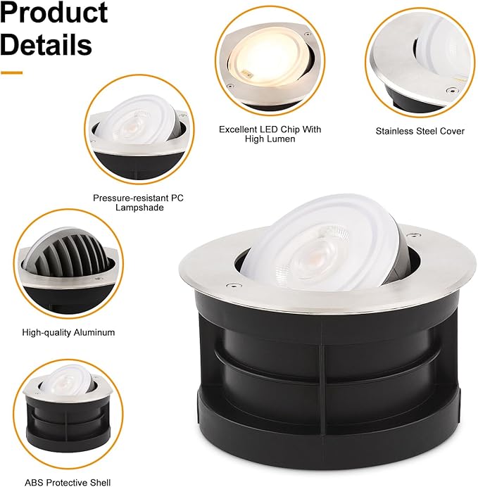 Angle-Adjustable Led Inground Light for Gardens-Outdoor LED Well Lights,Landscape Pathway In-Ground Lighting Fixtures,Buried lamp,Low Voltage,IP65, Stainless Steel (48 Watts)