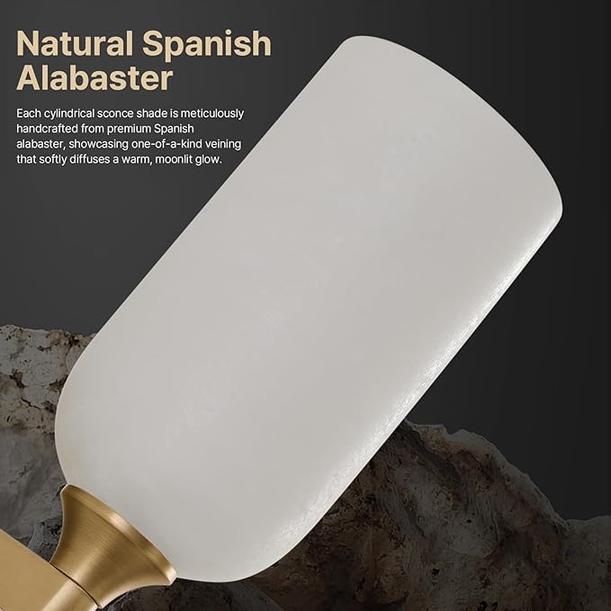 Vintage Alabaster Brass Wall Sconce: Antique Spanish Natural Marble Modern Vanity Wall Lights - 14" Cylinder Retro Brushed Gold Sconces - Indoor Sconce for Bathroom Bedroom Stair Hallway Living Room