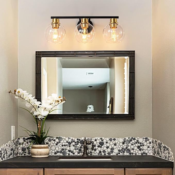 3-Light Black and Gold Bathroom Vanity Light Fixture with Glass Shades, Industrial Wall Sconce