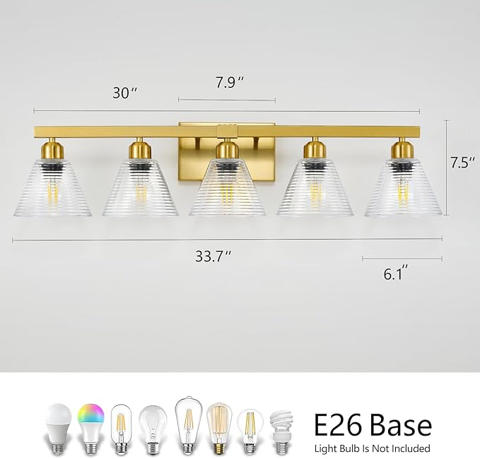 5-Light Modern Bathroom Light Fixtures, Gold Bathroom Vanity Lights with Clear Glass Shade, Farmhouse Wall Sconces for Mirror Kitchen Bedroom Living Room