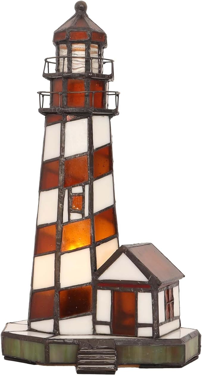 Bieye L10616 Lighthouse Tiffany Style Stained Glass Accent Table Lamp Night Light for Home Decoration (6x5x11, Amber)