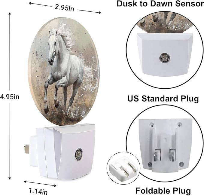 Plug-in Galloping White Horse Night Light Running Horse Night Lights Plug into Wall with Auto on/Off Sensor, 0.5W LED Nightlight for Bedroom Bathroom Kitchen Hallway
