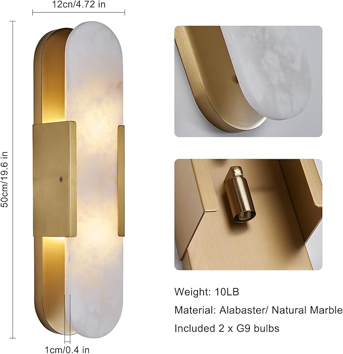 19.7" L Alabaster Wall Sconces Set of 2, Wall Lights Fixtures Morden Bathroom Vanity Light Indoor Wall Lamps for Living Room Bedroom Hallway Stairs Gold