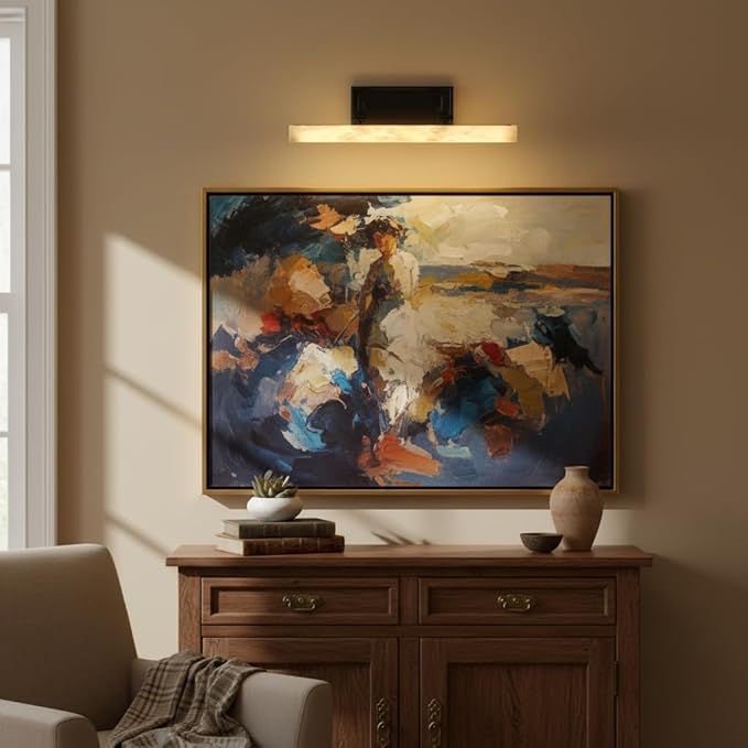 2-Pack 18" Alabaster Picture Light, Black Hardwired Wall Sconce Bathroom Mirror & Paintings, Adjustable Vanity Light Natural Alabaster LED Light Fixture for Hallway Bedroom Living Room